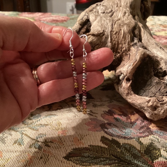 Handmade Metallic Seed Bead Stick Silver Earrings - Picture 2 of 3